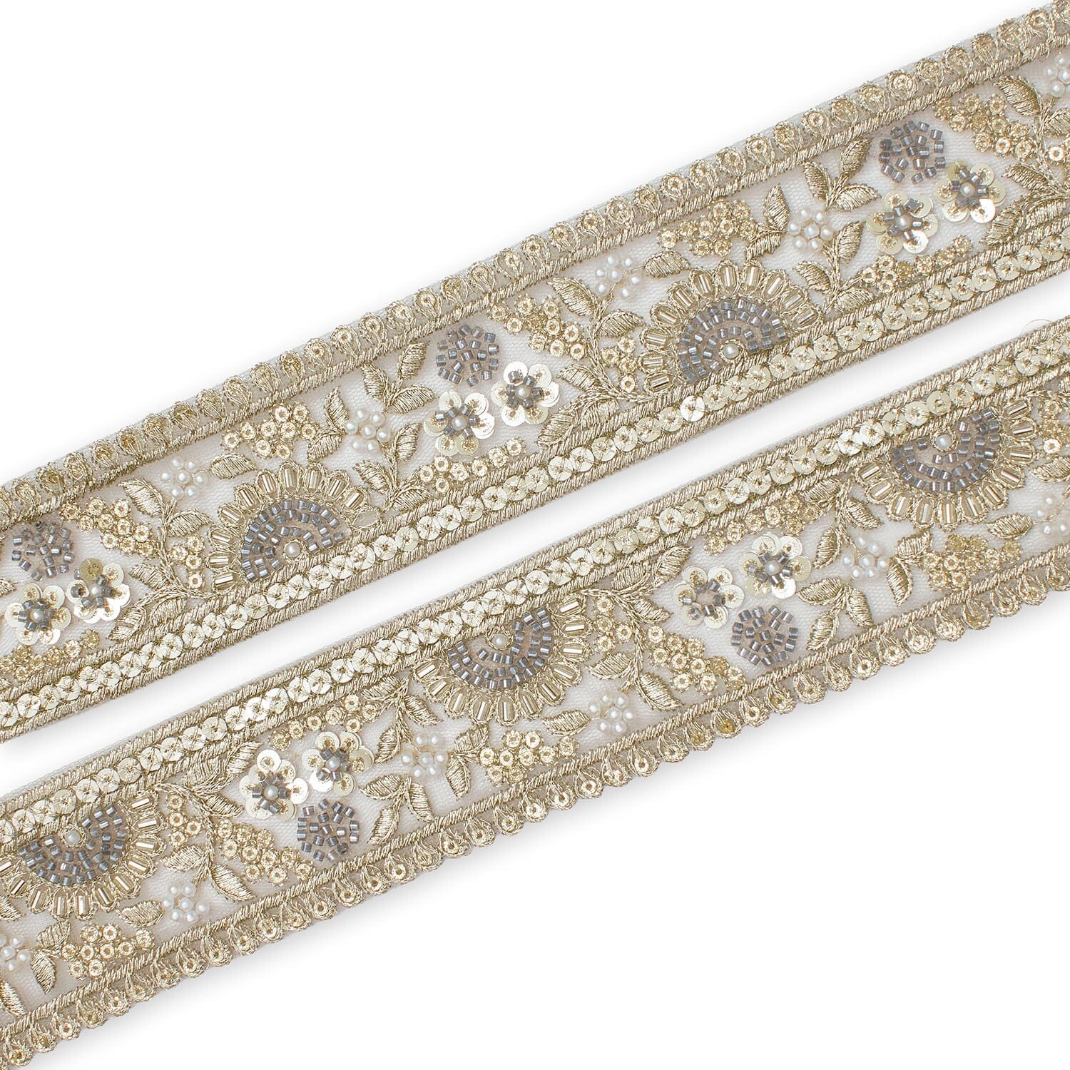 Sunshine Garden Floral Beaded Sequin Metallic Embroidery On 2 Inch Hemmed Mesh Lace Trim SV582858 Grey Image A4