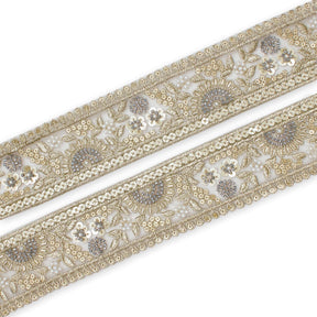 Sunshine Garden Floral Beaded Sequin Metallic Embroidery On 2 Inch Hemmed Mesh Lace Trim SV582858 Grey Image A4