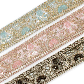 Sunshine Garden Floral Beaded Sequin Metallic Embroidery On 2 Inch Hemmed Mesh Lace Trim Group Image