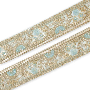 Sunshine Garden Floral Beaded Sequin Metallic Embroidery On 2 Inch Hemmed Mesh Lace Trim SV582859 Light Blue Image A4