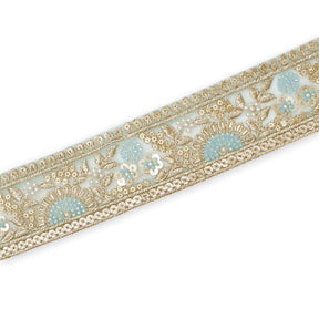 Sunshine Garden Floral Beaded Sequin Metallic Embroidery On 2 Inch Hemmed Mesh Lace Trim SV582859 Light Blue Image A3