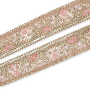 Sunshine Garden Floral Beaded Sequin Metallic Embroidery On 2 Inch Hemmed Mesh Lace Trim SV582860 Pink Image A4