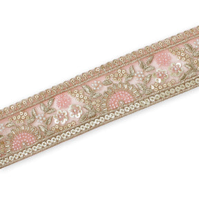 Sunshine Garden Floral Beaded Sequin Metallic Embroidery On 2 Inch Hemmed Mesh Lace Trim SV582860 Pink Image A3