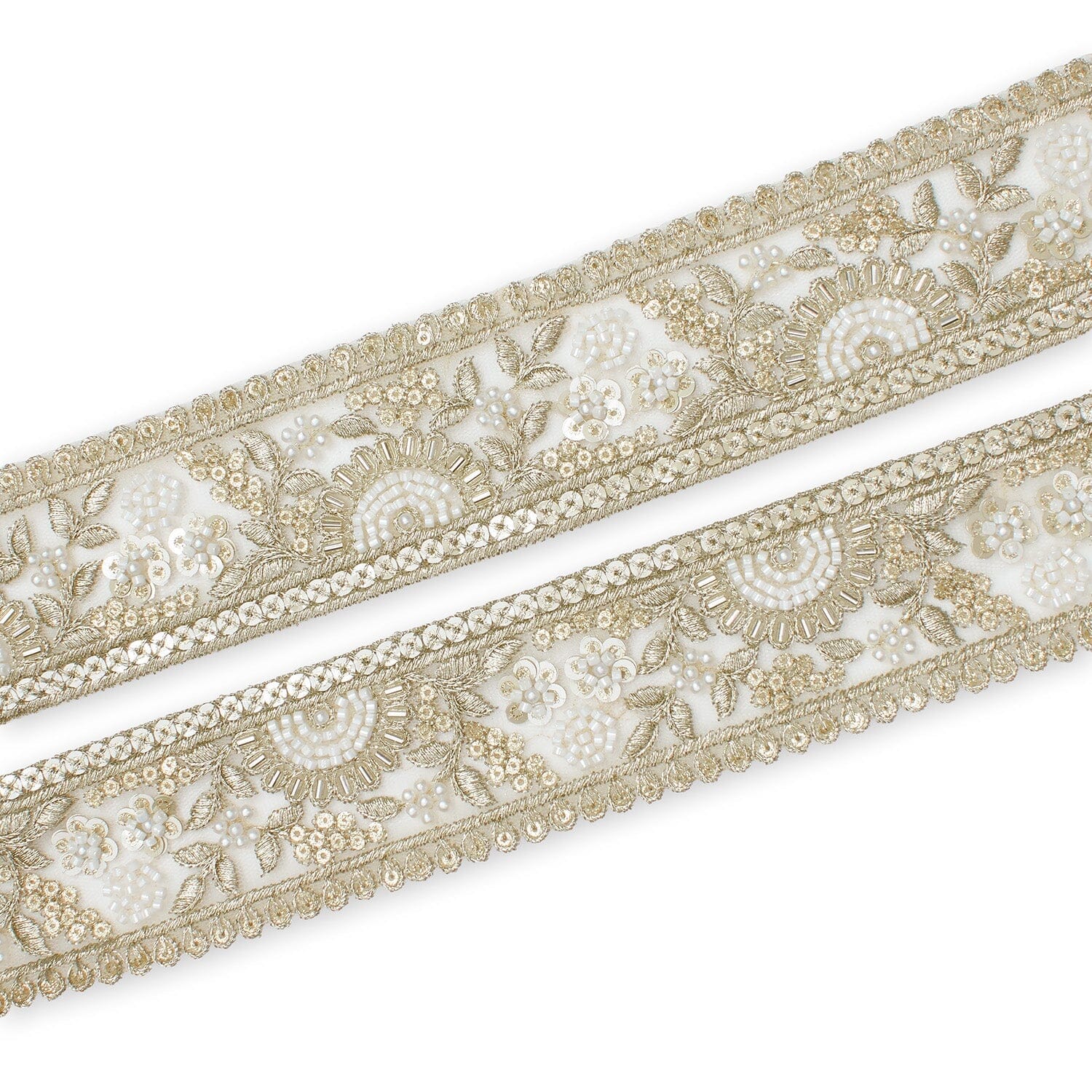 Sunshine Garden Floral Beaded Sequin Metallic Embroidery On 2 Inch Hemmed Mesh Lace Trim SV582856 White Image A4