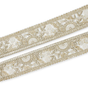 Sunshine Garden Floral Beaded Sequin Metallic Embroidery On 2 Inch Hemmed Mesh Lace Trim SV582856 White Image A4