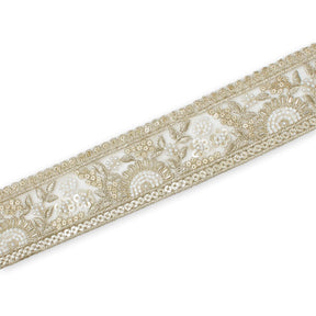 Sunshine Garden Floral Beaded Sequin Metallic Embroidery On 2 Inch Hemmed Mesh Lace Trim SV582856 White Image A3