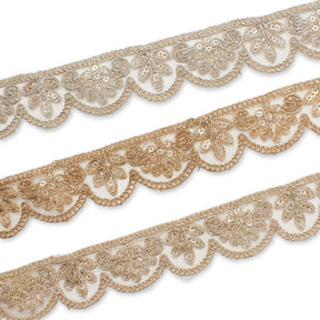 1.25 Inch Vine Sequined Metallic Corded Scalloped Mesh Trim