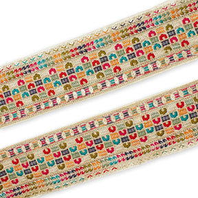 3 Inch Geometric Floral Sequined Metallic Embroidery On Hemmed Woven Trim SV582498 Cream Image A4