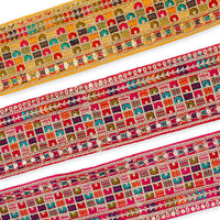 3 Inch Geometric Floral Sequined Metallic Embroidery On Hemmed Woven Trim Group Image