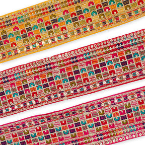 3 Inch Geometric Floral Sequined Metallic Embroidery On Hemmed Woven Trim Group Image