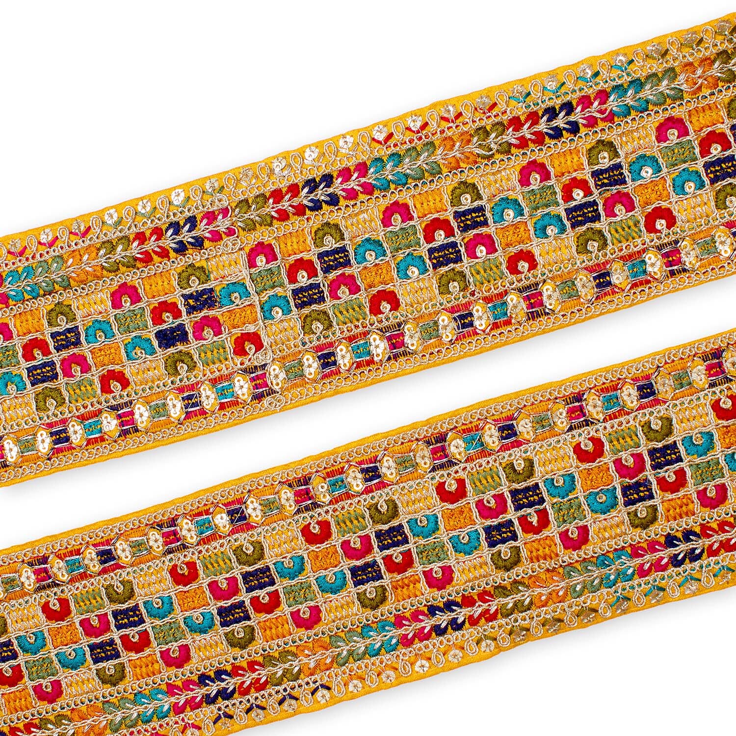 3 Inch Geometric Floral Sequined Metallic Embroidery On Hemmed Woven Trim SV582501 Mustard Image A4