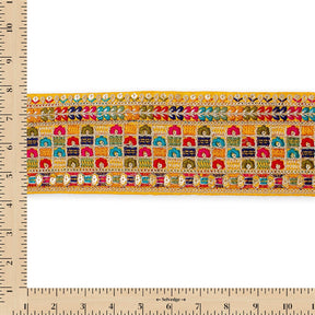 3 Inch Geometric Floral Sequined Metallic Embroidery On Hemmed Woven Trim SV582501 Mustard Image A9
