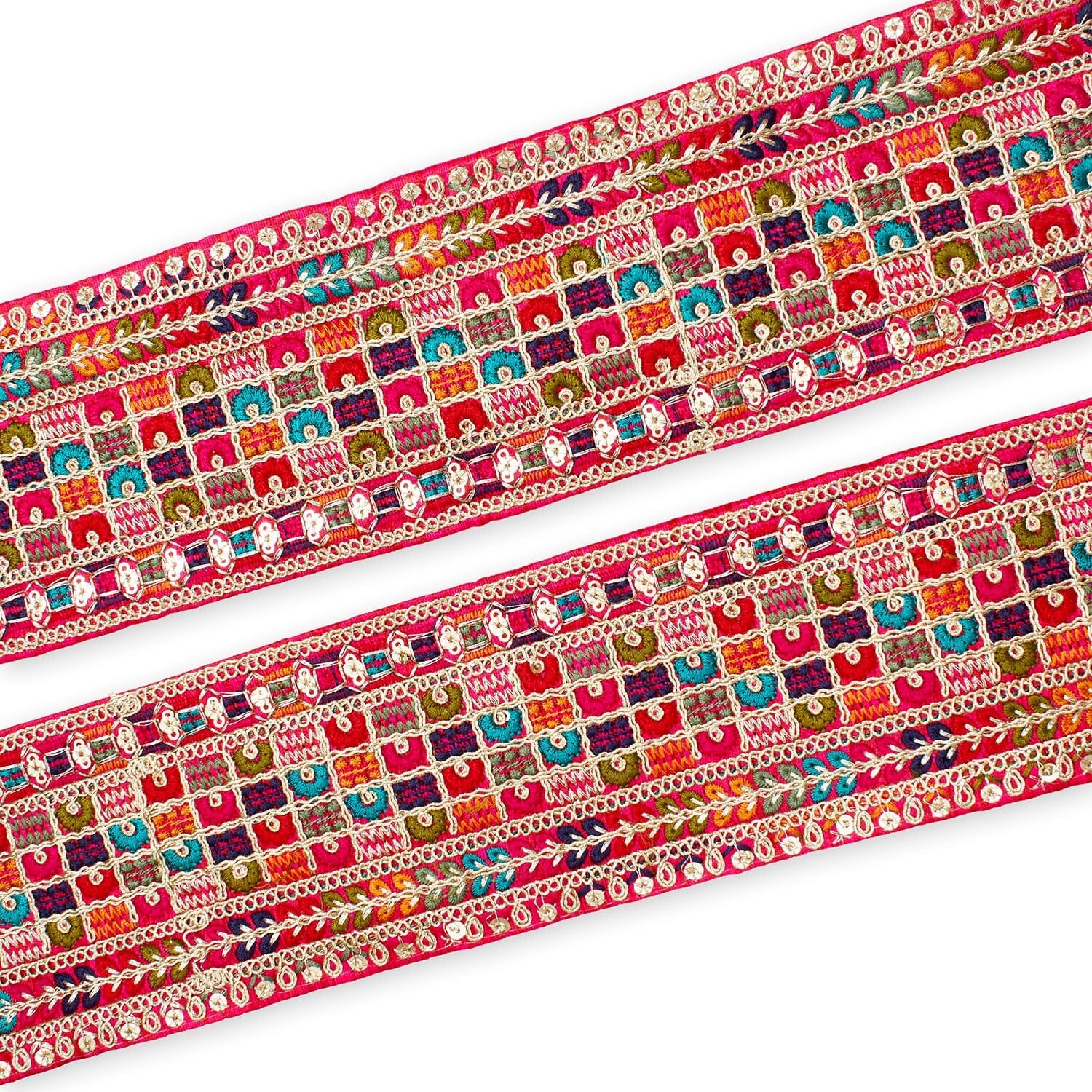 3 Inch Geometric Floral Sequined Metallic Embroidery On Hemmed Woven Trim SV582499 Rani Image A4