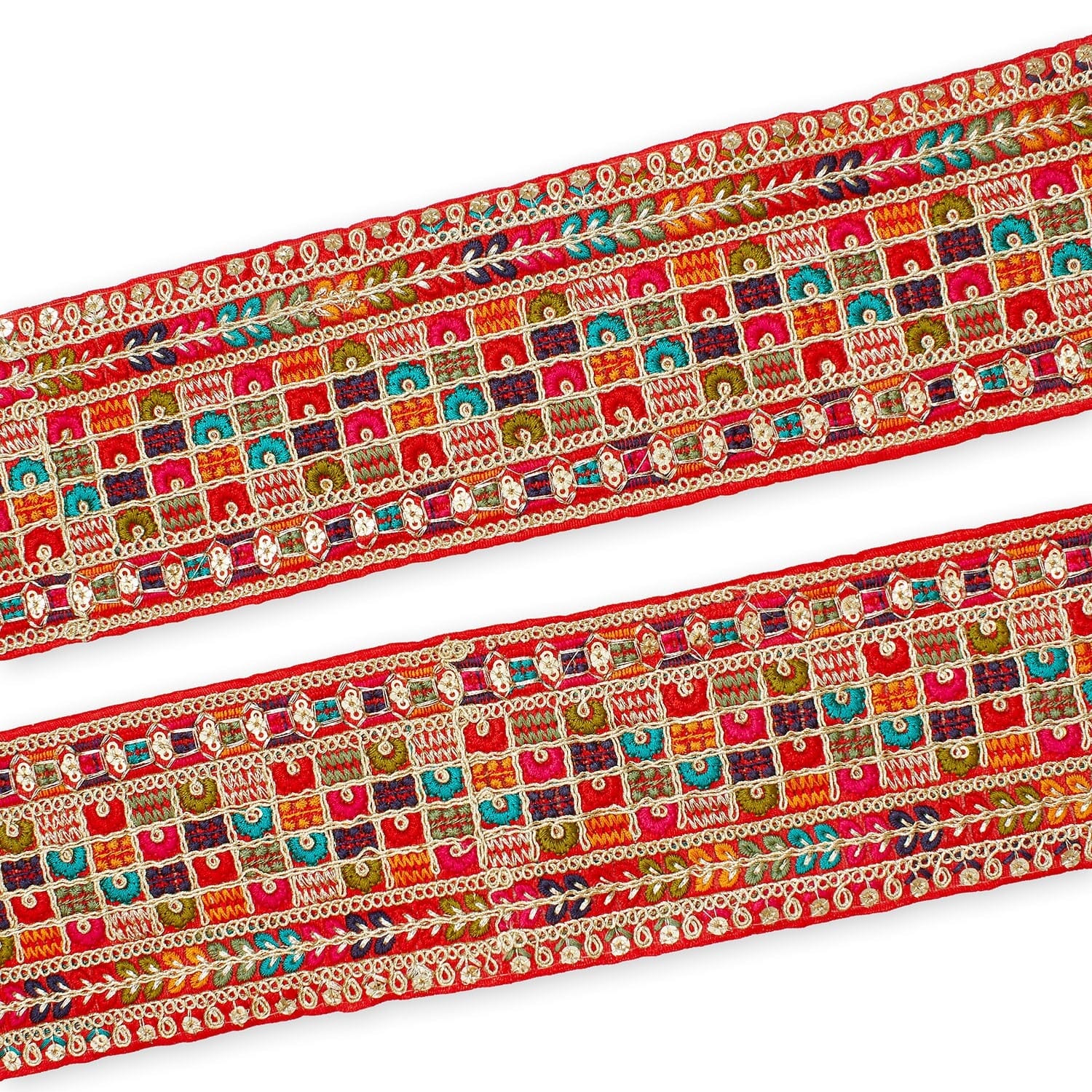 3 Inch Geometric Floral Sequined Metallic Embroidery On Hemmed Woven Trim SV582500 Red Image A4