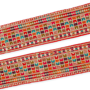 3 Inch Geometric Floral Sequined Metallic Embroidery On Hemmed Woven Trim SV582500 Red Image A4