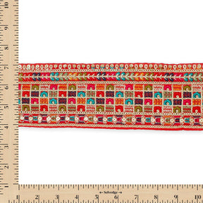 3 Inch Geometric Floral Sequined Metallic Embroidery On Hemmed Woven Trim SV582500 Red Image A9