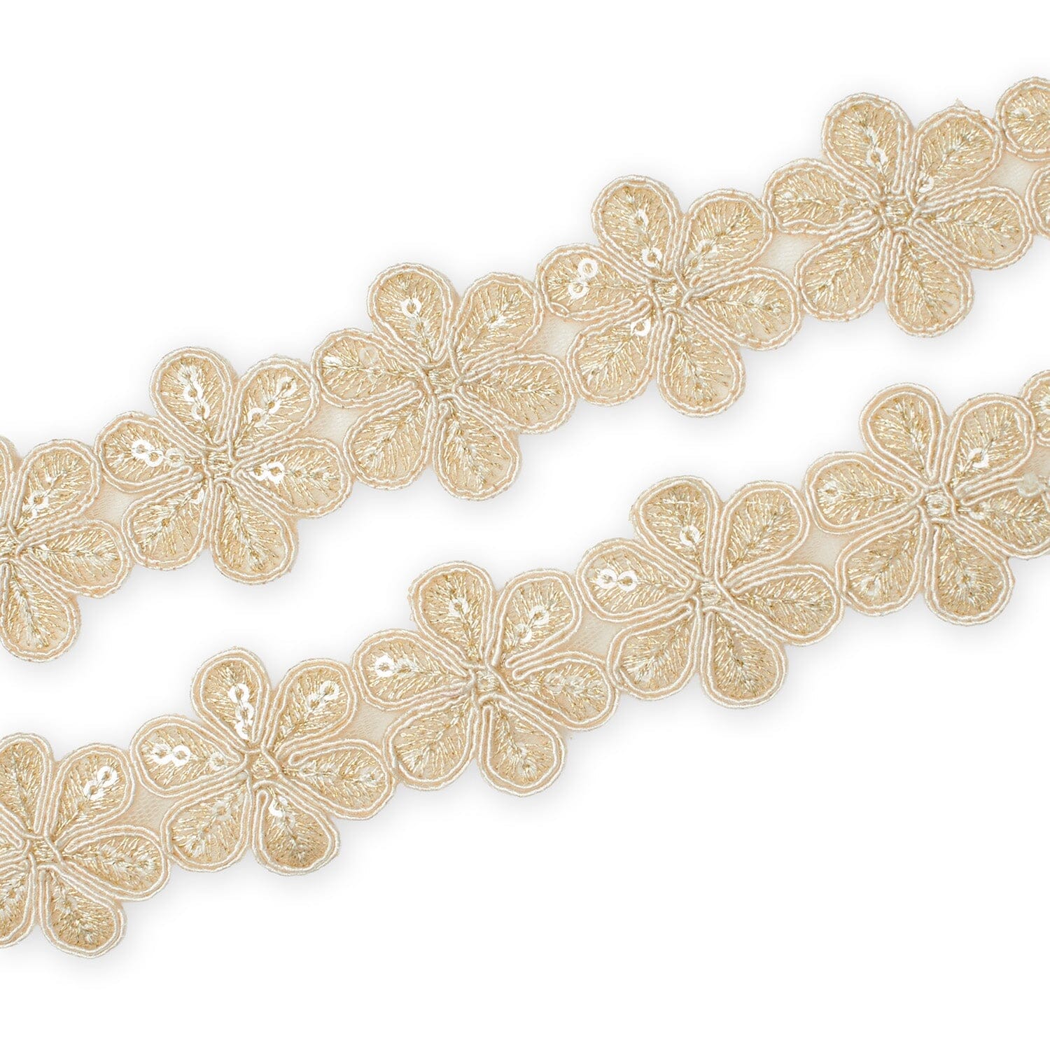 Daisy Flower Corded Sequin Embroidery On 1 & 1/2 Inch Scalloped Mesh Lace Trim SV582503-HP Champagne Image A4