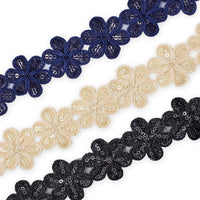 Daisy Flower Corded Sequin Embroidery On 1 & 1/2 Inch Scalloped Mesh Lace Trim Group Image