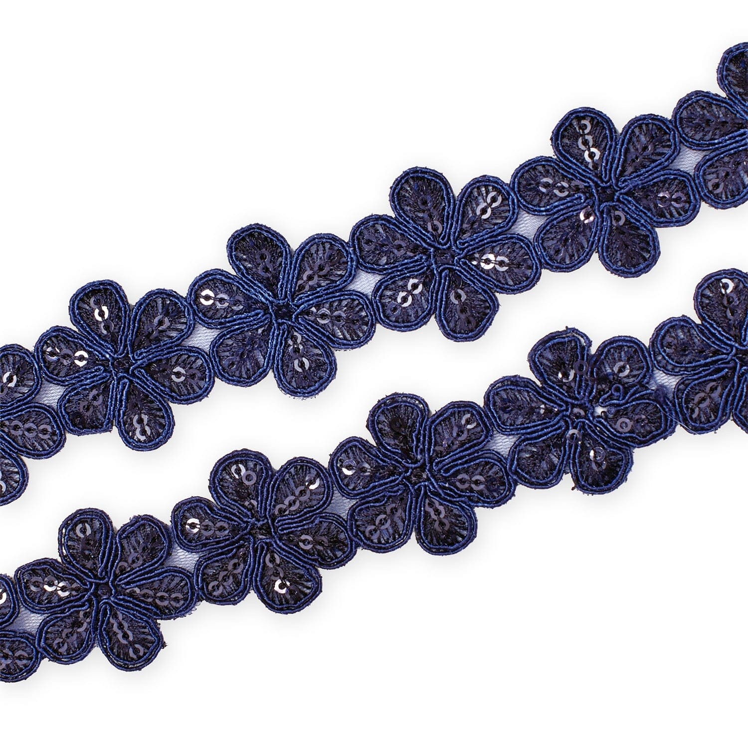 Daisy Flower Corded Sequin Embroidery On 1 & 1/2 Inch Scalloped Mesh Lace Trim SV582504-HP Navy Blue Image A4