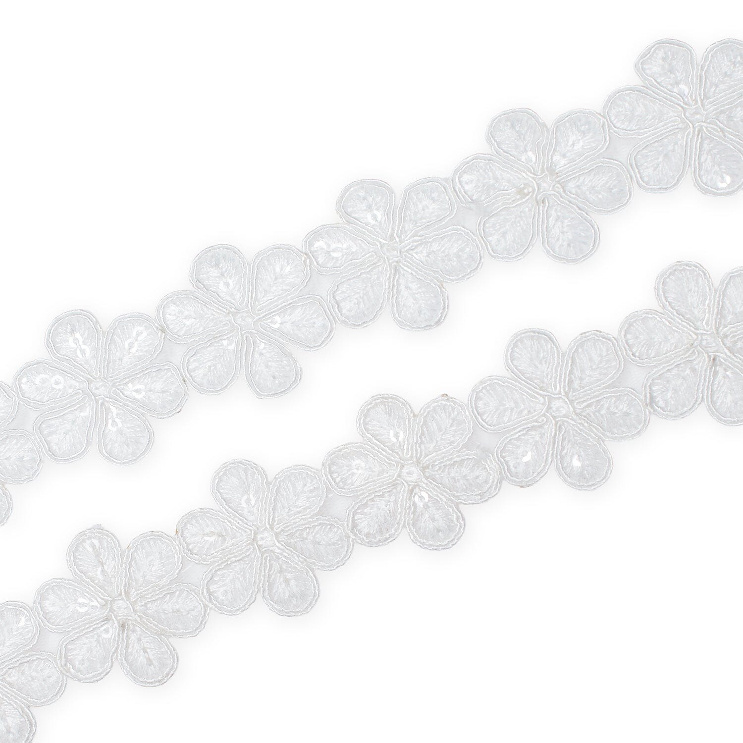 Daisy Flower Corded Sequin Embroidery On 1 & 1/2 Inch Scalloped Mesh Lace Trim SV582502 White Image A4