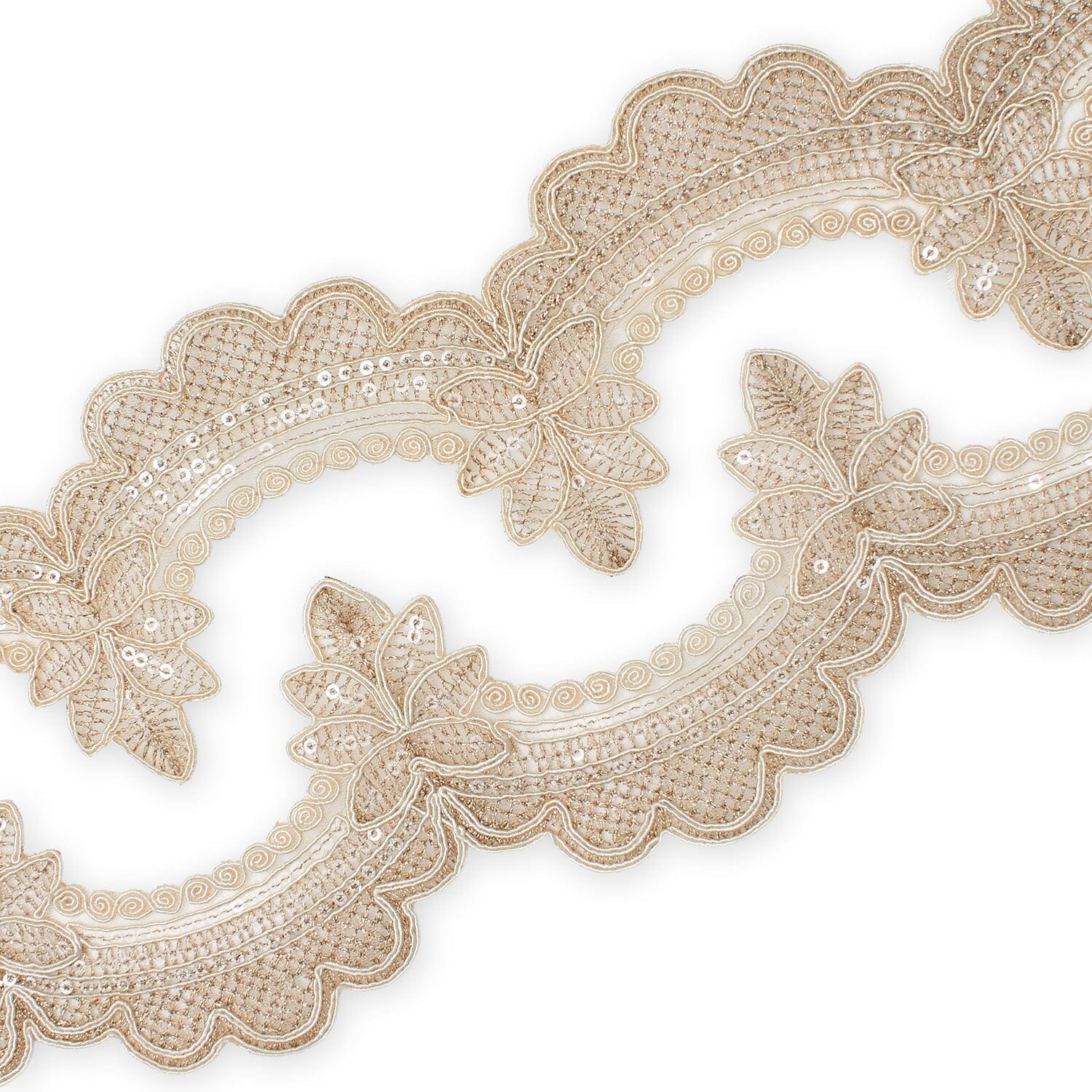 Swirly Flower Corded Sequin Embroidery On 3 & 1/2 Inch Scalloped Mesh Lace Trim SV582865 Antique Gold Image A4