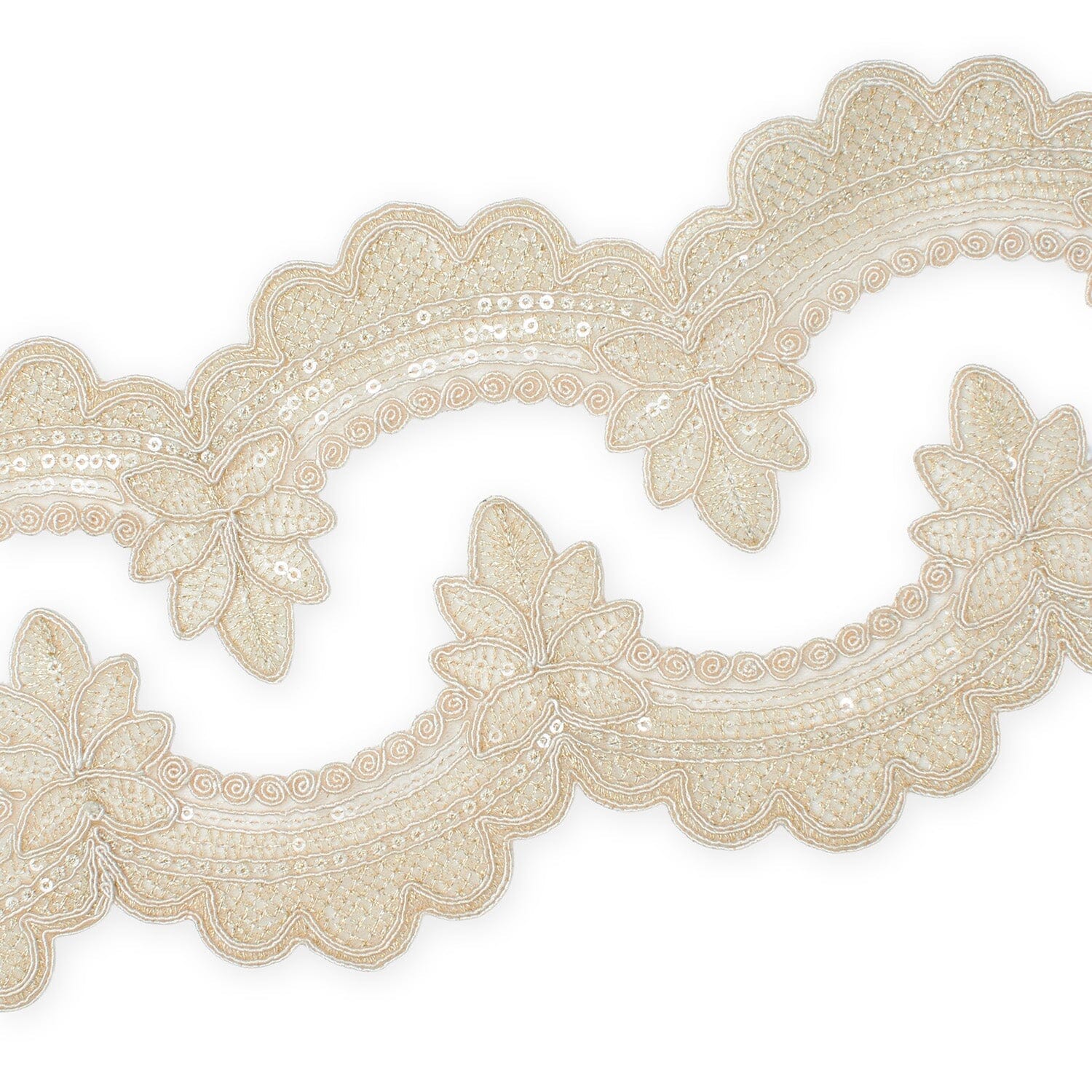 Swirly Flower Corded Sequin Embroidery On 3 & 1/2 Inch Scalloped Mesh Lace Trim SV582864 Champagne Image A4