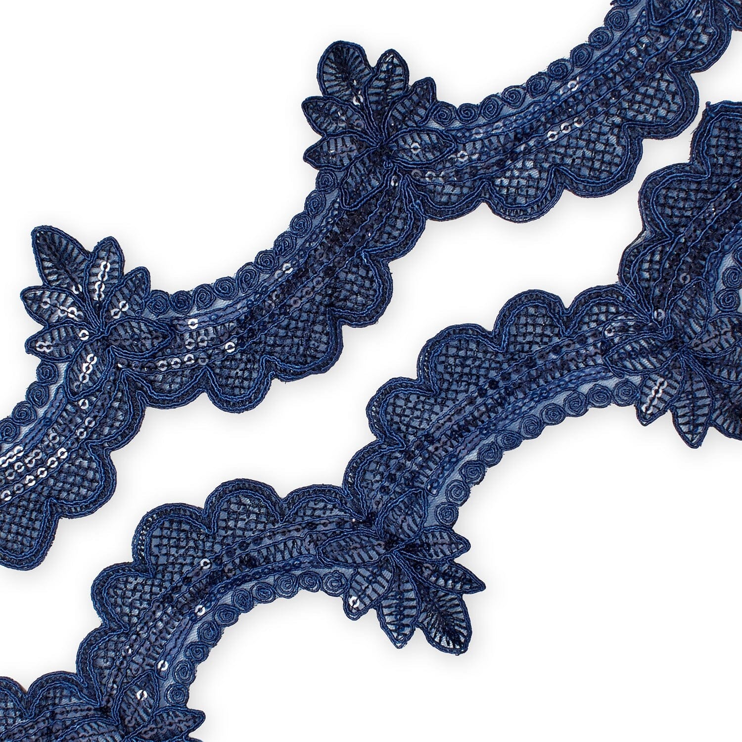 Swirly Flower Corded Sequin Embroidery On 3 & 1/2 Inch Scalloped Mesh Lace Trim SV582866 Navy Blue Image A4