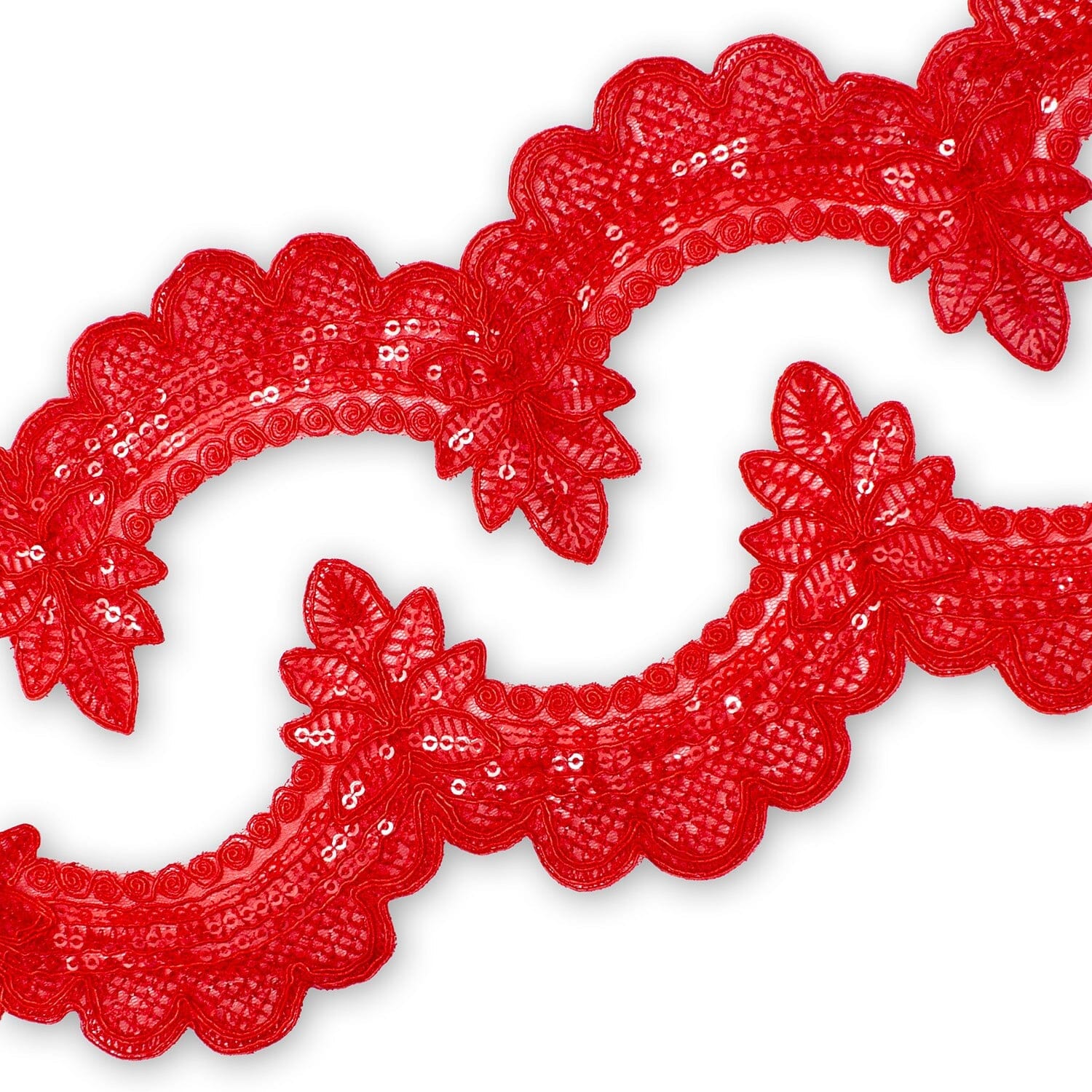 Swirly Flower Corded Sequin Embroidery On 3 & 1/2 Inch Scalloped Mesh Lace Trim SV582867 Red Image A4