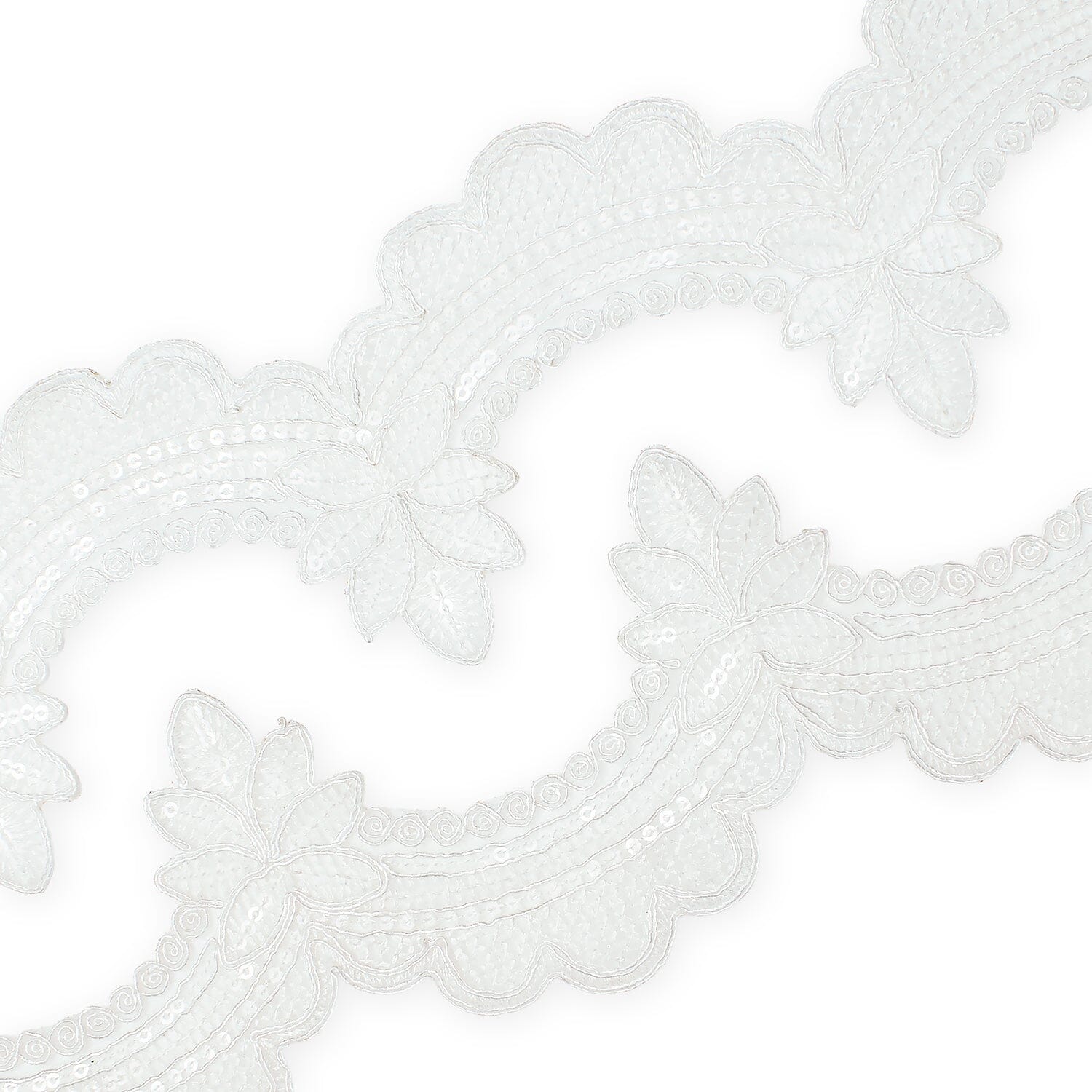 Swirly Flower Corded Sequin Embroidery On 3 & 1/2 Inch Scalloped Mesh Lace Trim SV582863 White Image A4
