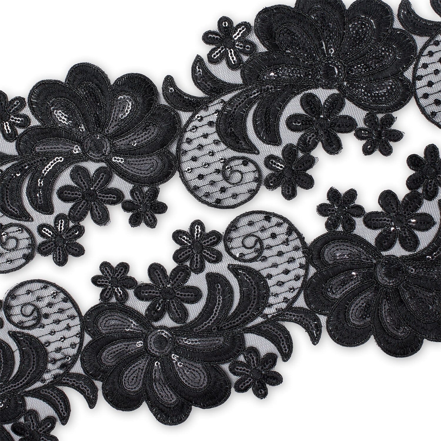 Wild Flower Corded Sequin Embroidery On 4 Inch Scalloped Mesh Lace Trim Fabric SV582520 Black Image A4