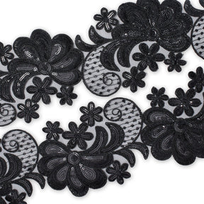 Wild Flower Corded Sequin Embroidery On 4 Inch Scalloped Mesh Lace Trim Fabric SV582520 Black Image A4