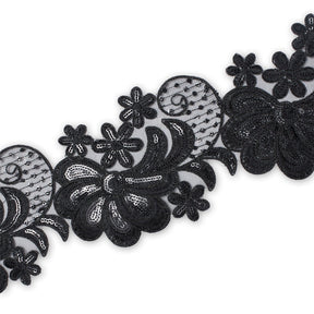 Wild Flower Corded Sequin Embroidery On 4 Inch Scalloped Mesh Lace Trim Fabric SV582520 Black Image A3