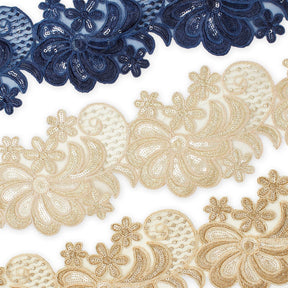 Wild Flower Corded Sequin Embroidery On 4 Inch Scalloped Mesh Lace Trim Fabric Group Image