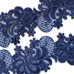 Wild Flower Corded Sequin Embroidery On 4 Inch Scalloped Mesh Lace Trim Fabric SV582518 Navy Blue Image A4