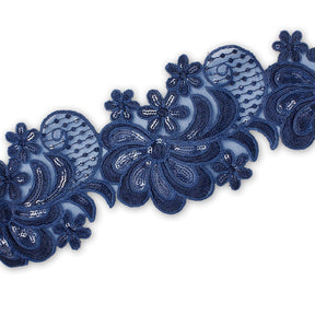 Wild Flower Corded Sequin Embroidery On 4 Inch Scalloped Mesh Lace Trim Fabric SV582518 Navy Blue Image A3