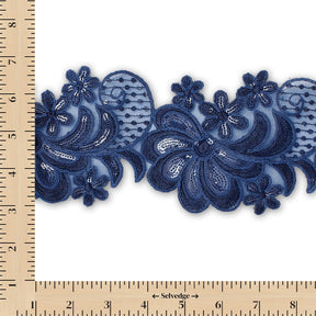 Wild Flower Corded Sequin Embroidery On 4 Inch Scalloped Mesh Lace Trim Fabric SV582518 Navy Blue Image A9