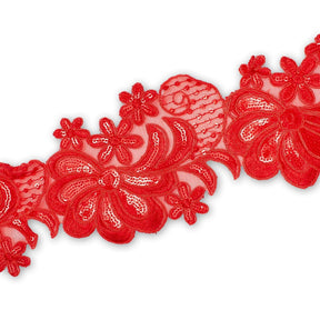 Wild Flower Corded Sequin Embroidery On 4 Inch Scalloped Mesh Lace Trim Fabric SV582521 Red Image A3