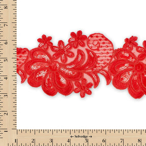 Wild Flower Corded Sequin Embroidery On 4 Inch Scalloped Mesh Lace Trim Fabric SV582521 Red Image A9