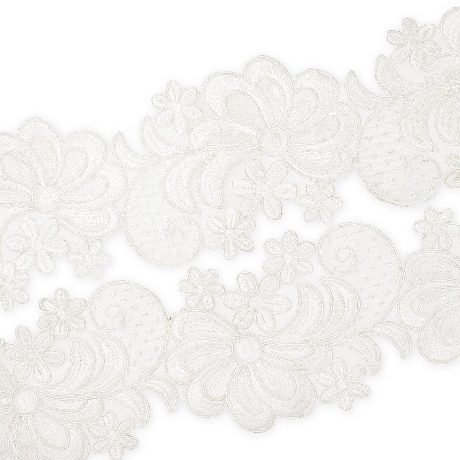 Wild Flower Corded Sequin Embroidery On 4 Inch Scalloped Mesh Lace Trim Fabric SV582516 White Image A4