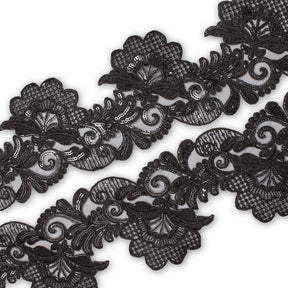 Leafy Floral Corded Sequin Embroidery On 4 Inch Scalloped Mesh Lace Trim Fabric SV582561 Black Image A4