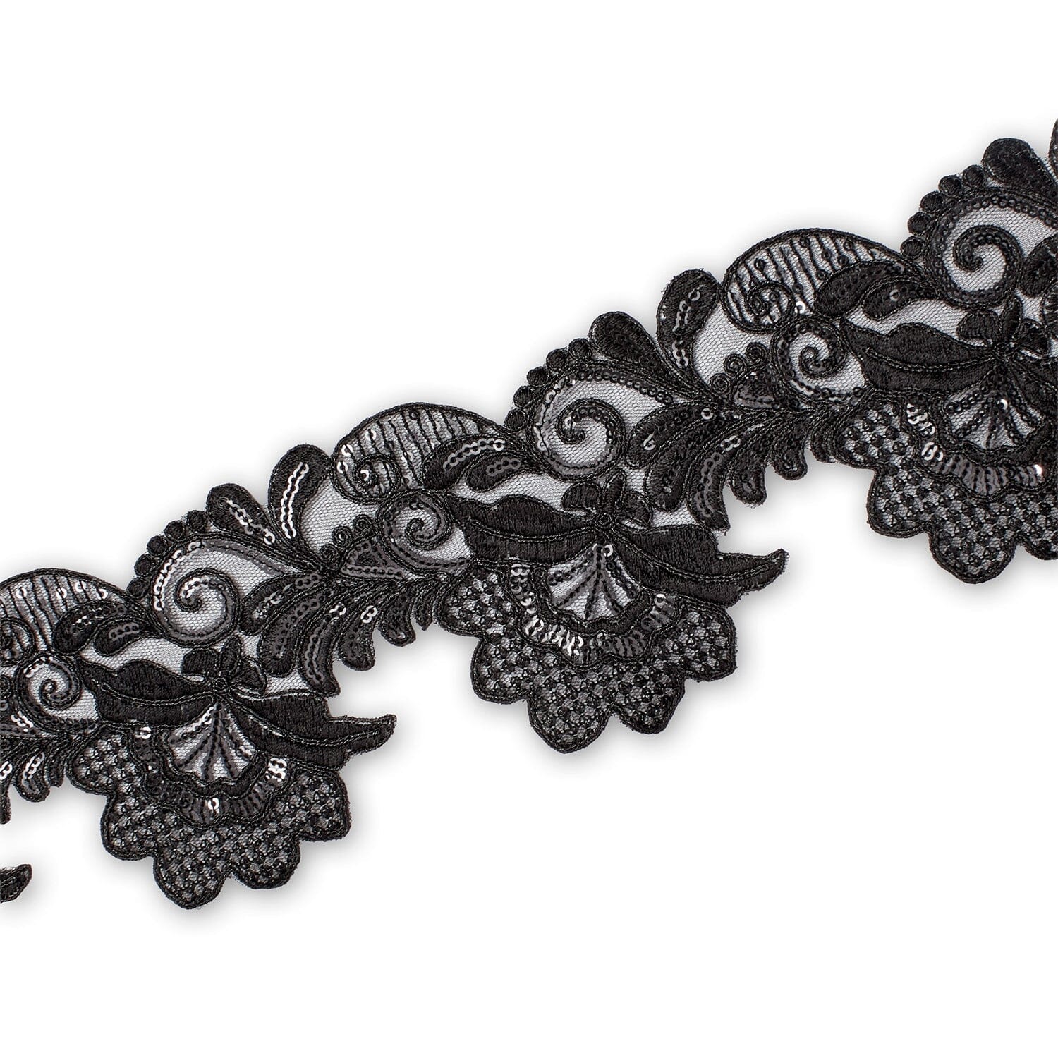 Leafy Floral Corded Sequin Embroidery On 4 Inch Scalloped Mesh Lace Trim Fabric SV582561 Black Image A3