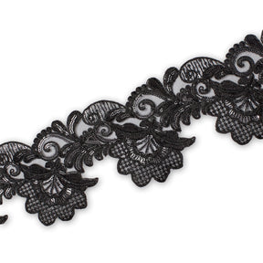 Leafy Floral Corded Sequin Embroidery On 4 Inch Scalloped Mesh Lace Trim Fabric SV582561 Black Image A3