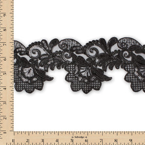 Leafy Floral Corded Sequin Embroidery On 4 Inch Scalloped Mesh Lace Trim Fabric SV582561 Black Image A9