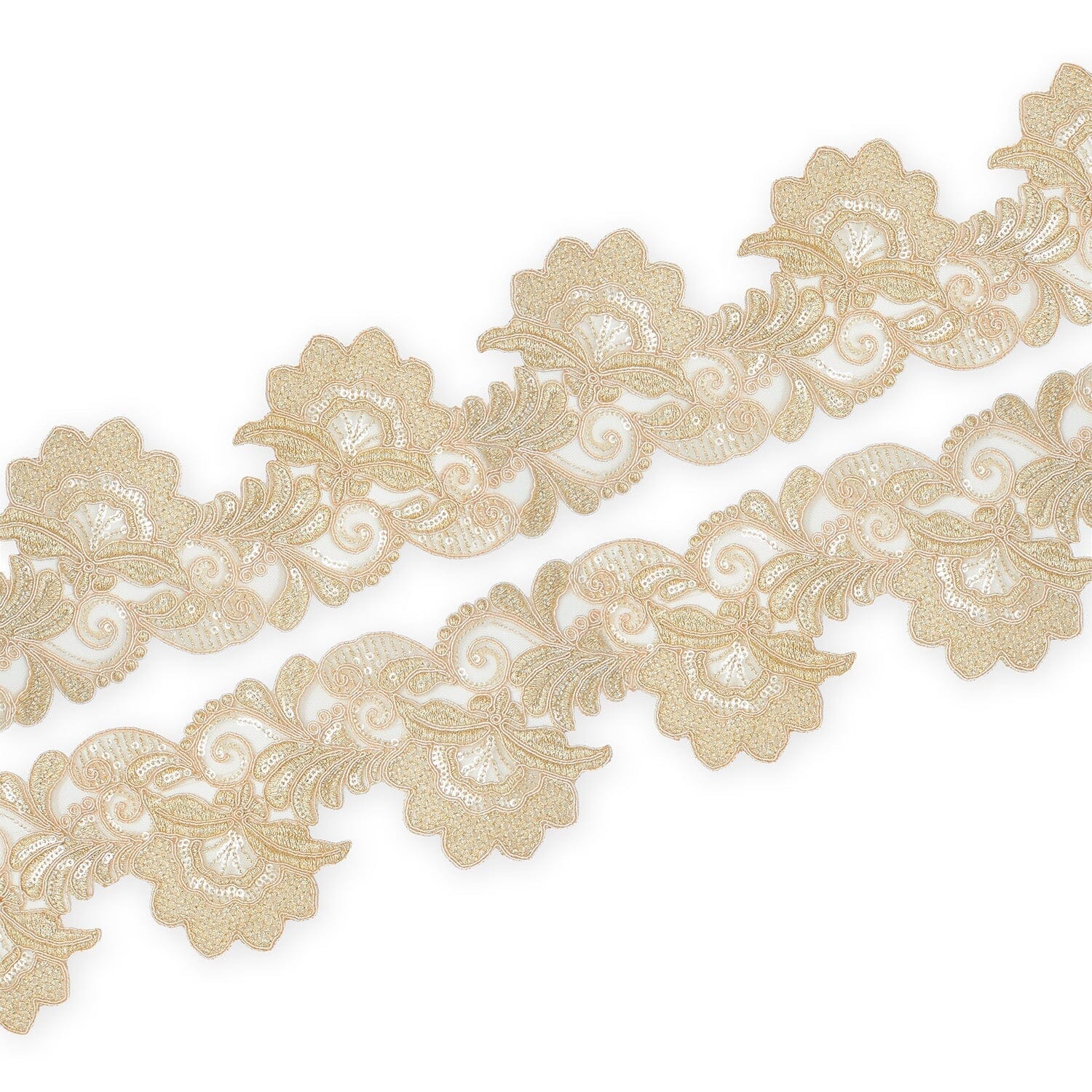 Leafy Floral Corded Sequin Embroidery On 4 Inch Scalloped Mesh Lace Trim Fabric SV582525 Champagne Image A4