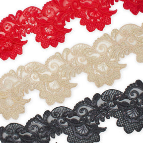 Leafy Floral Corded Sequin Embroidery On 4 Inch Scalloped Mesh Lace Trim Fabric Group Image
