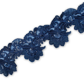 Leafy Floral Corded Sequin Embroidery On 4 Inch Scalloped Mesh Lace Trim Fabric SV582524 Navy Blue Image A3