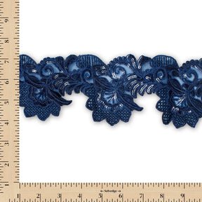 Leafy Floral Corded Sequin Embroidery On 4 Inch Scalloped Mesh Lace Trim Fabric SV582524 Navy Blue Image A9