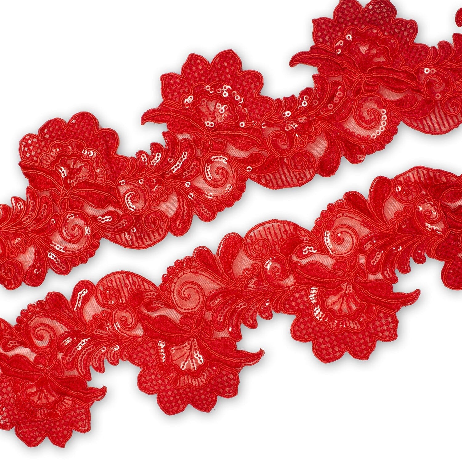 Leafy Floral Corded Sequin Embroidery On 4 Inch Scalloped Mesh Lace Trim SV582526 Red Image A4