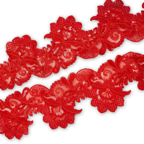 Leafy Floral Corded Sequin Embroidery On 4 Inch Scalloped Mesh Lace Trim Fabric SV582526 Red Image A4
