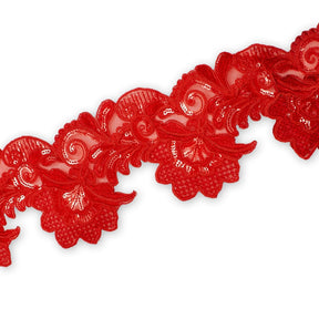 Leafy Floral Corded Sequin Embroidery On 4 Inch Scalloped Mesh Lace Trim Fabric SV582526 Red Image A3